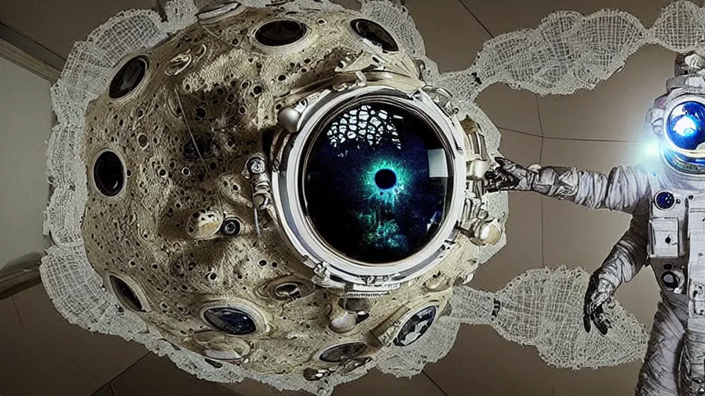 Image similar to a single astronaut eva suit covered in diamond 3d fractal lace iridescent bubble 3d skin and covered with insectoid compound eye camera lenses floats through the living room, film still from the movie directed by Denis Villeneuve with art direction by Salvador Dalí, wide lens,