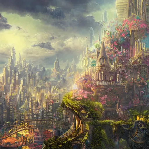 Prompt: An epic fantasy comic book style painting of a dream city floating on the clouds with Giant flowers, intricate, epic, depth, hyperrealistic, octane render, dynamic lighting