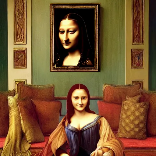 Image similar to Monalisa is sitting on her living room couch. She is dressed casually and is watching TV, Regal, Realistic, Refined, Detailed Digital Art, Josephine wall, Oil Painting, William-Adolphe Bouguereau, Art Frahm, Esao Andrews, Steampunk, Walt Disney (1937), Highly Detailed, Cinematic Lighting, Unreal Engine, 8k, HD