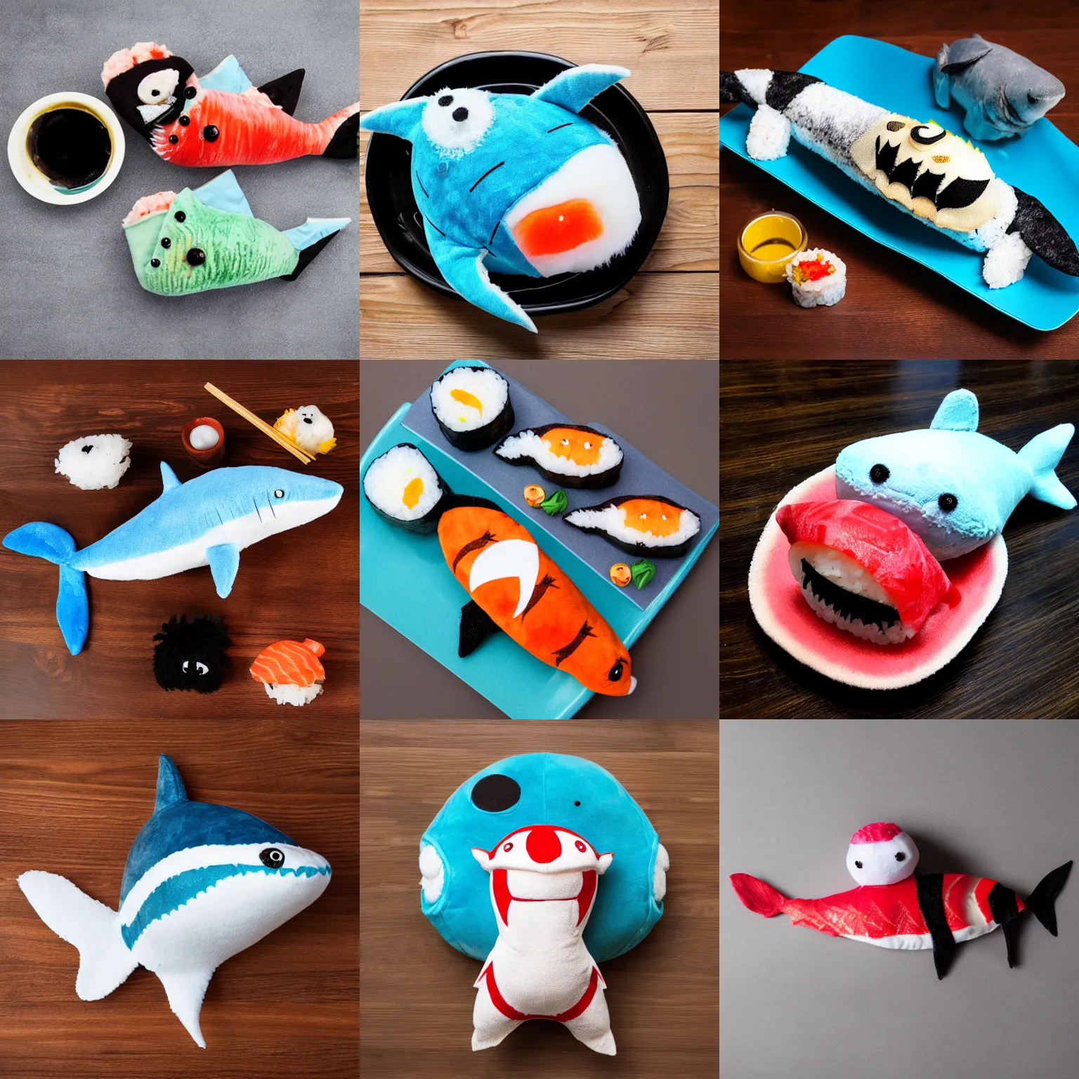 Prompt: Plush shark sushi, stuffed toy, rice, fish, seaweed, good lighting, 50mm