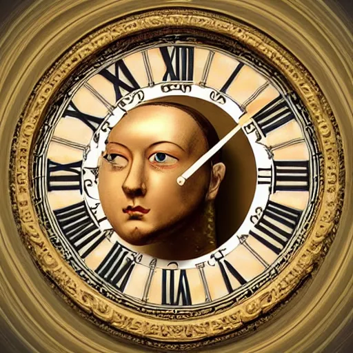 Image similar to human head replaced with clock in baroque style , surrealism , hyperrealistic , photoreaistic