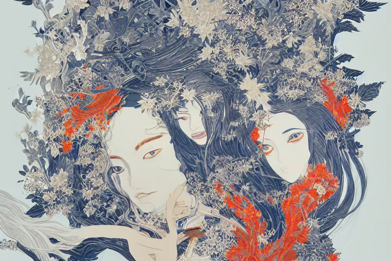 Prompt: werewolf portrait, phoenix in fire, orthodox saint, amalgamation of leaves and flowers. balenciaga, intricate complexity. matte paper, cut paper texture. by Jeffrey Catherine Jones, James jean, Miho Hirano, Hayao Miyazaki, coarse gritby. Full of light-blue and silver and white layers. Exquisite detail 8K