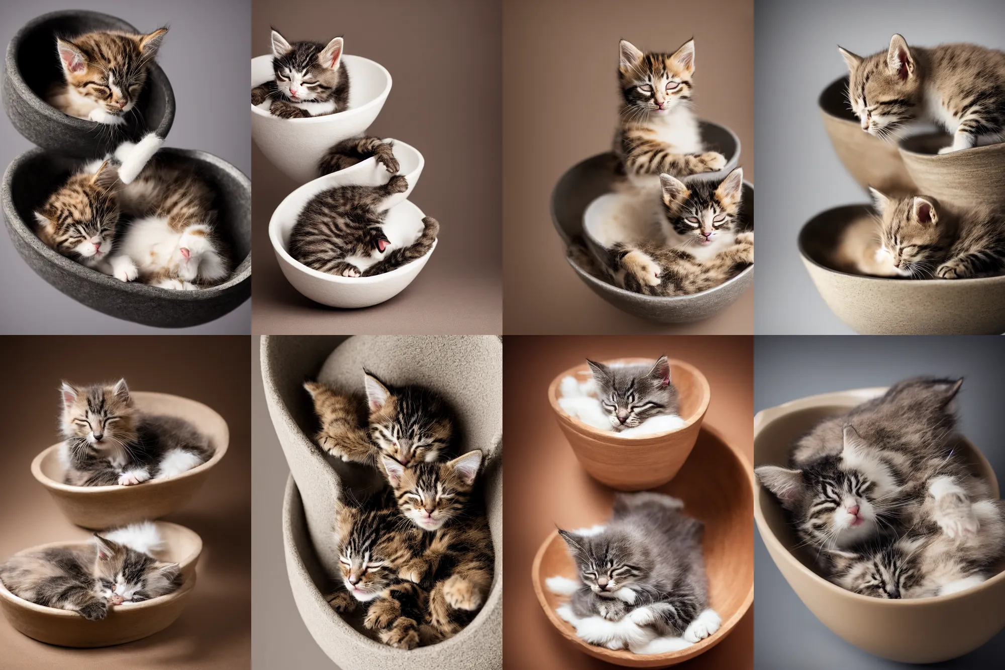 Prompt: kitten sleeping in a bowl, studio lighting photography