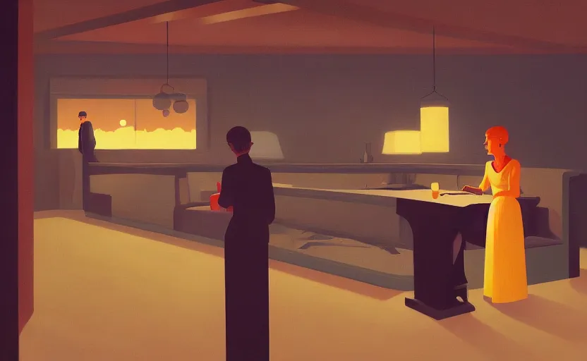 Image similar to an emotional surreal mysterious dinner scene illustration by atey ghailan and escher and edward hopper,