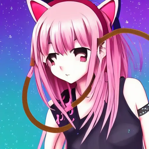 Image similar to digital card art of anime (cat) girl with cat ears surrounded by magic circles. Short hair. Pink hue. Highly detailed. Beautiful