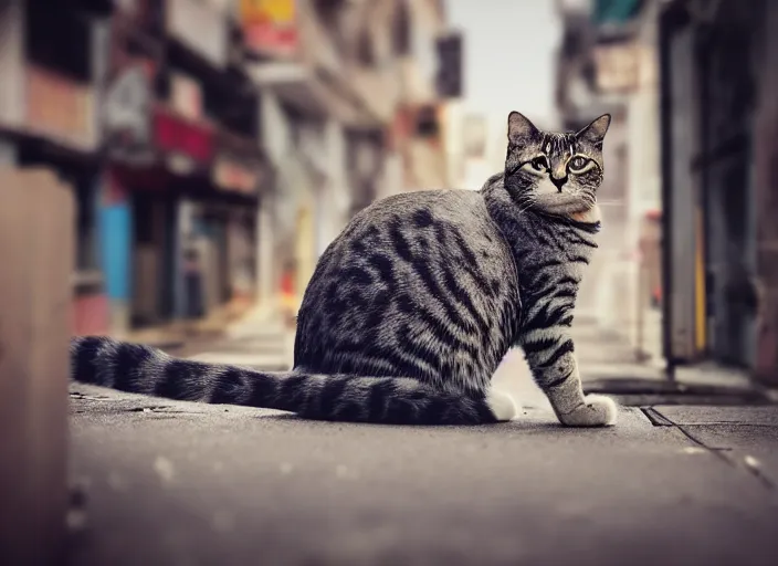 Image similar to photography of a Cat sitting on a box. in a cyberpunk street, award winning photo, 100mm, sharp, high res