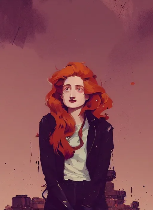 Image similar to highly detailed closeup portrait of beautiful moody grace gummer as dom dipierro, wavy ginger hair, by atey ghailan, by greg rutkowski, by greg tocchini, by james gilleard, by joe fenton, by kaethe butcher, gradient orange, black and white color scheme, grunge aesthetic!!! ( ( graffiti tag wall background ) )