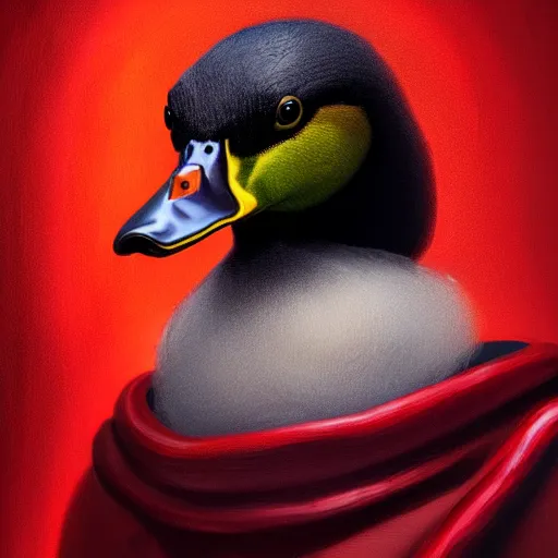 Prompt: portrait of cute mallard duck with black feathers, wearing cultist red robe, inside a castle, black feathers, glowing arcane eyes, ultra detailed, expressive oil painting digital art, octane render, trending on art station,