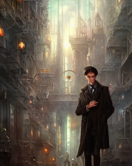 Prompt: sherlock holmes in a futuristic city, soft colours, detailed, realistic, digital art, by alayna lemmer, by tom bagshaw