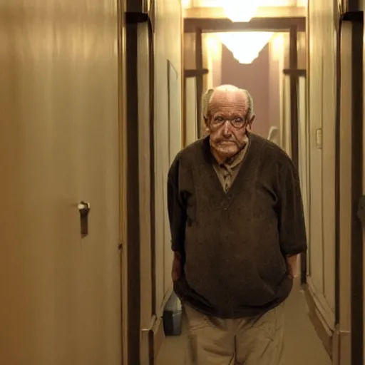Prompt: Creepy old man, In dim hallway, watching
