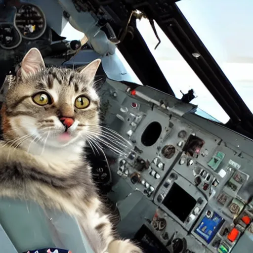 Image similar to cat flying in the fighter modern plane'su - 5 7'as a pilot