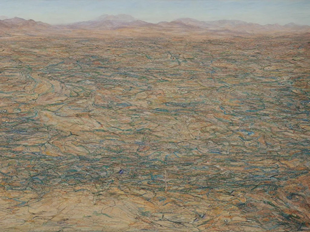 Image similar to landscape, large Trailer park in the desert near the oasis with a reservoir and rednecks, painting by style Julie Mehretu