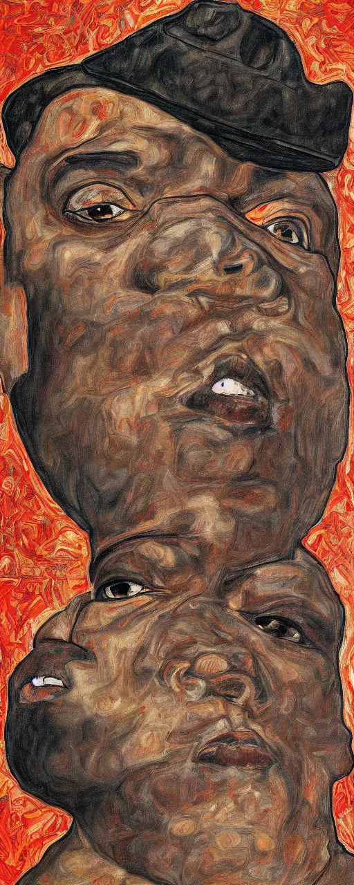 Image similar to a portrait of biggie smalls in style of egon schiele, masterpiece, hyperdetailed, complex, intricate, 4 k, trending on artstation