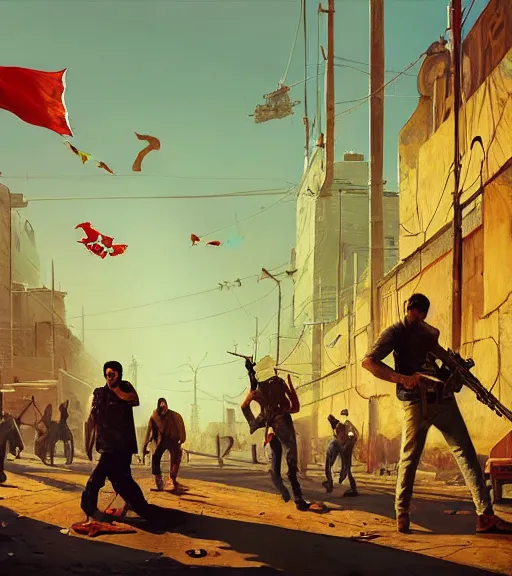 Image similar to highly detailed painting of iranian revolution in gta v, stephen bliss, unreal engine, fantasy art by greg rutkowski, loish, rhads, ferdinand knab, makoto shinkaib and lois van baarle, ilya kuvshinov, rossdraws, tom bagshaw, global illumination, radiant light, detailed and intricate environment