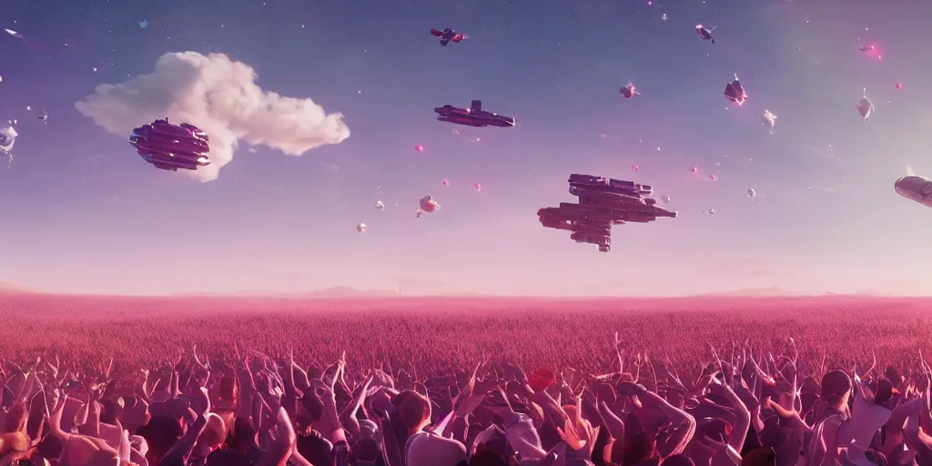 Prompt: a crowd of people celebrating with hands up next to a spaceship in wheatfields of pink plants, hundreds of spaceships in the sky, pink trees, pink grass, at dawn, epic scale ultrawide angle, stunning, epic, cinematic, artstation trending, octane render, hyperrealistic, cryengine 8 k uhd