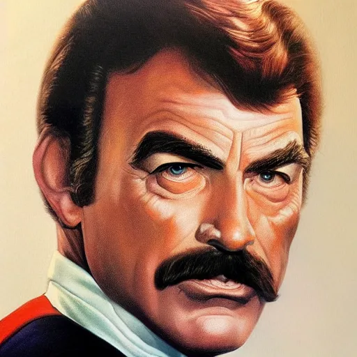 Prompt: ultra realistic portrait painting of tom selleck as captain kirk, art by frank frazetta, 4 k, ultra realistic, highly detailed, epic lighting