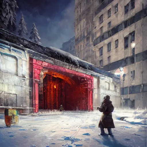 Image similar to a gigantic door graved in ice in a cold ice snow environment, ultrafine highly detailed hyper colorful illustration, sharp focus, rozalski, craig mullins, federico pelat, unreal engine highly rendered, global illumination, radiant light, intricate and detailed environment