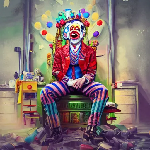 Prompt: hunter biden wearing bizarre clown makeup, and intricate clown costume, sitting on a throne in a abandoned drug den, by rossdraws, vivid colors, studio lighting, digital artwork, uhd, best of artstation