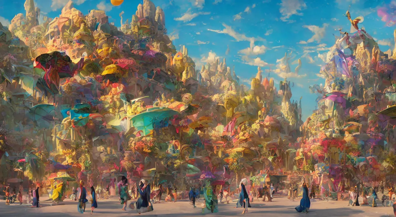 Image similar to bazaar zouk oriantal multicolorful sky shine place mosquet painting, sunny day, matte painting, bold shapes, hard edges, street art, trending on artstation, by huang guangjian and gil elvgren and sachin teng