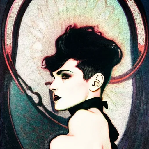 Image similar to aesthetic portrait of androgynous ruby rose as desire from sandman in a white tuxedo!!!, rockabilly style,, by alphonse mucha, by jeremy mann, by peter lindbergh, dave mckean, by frank moth, white suit and black tie, soft lightning, high detailed, 8 k
