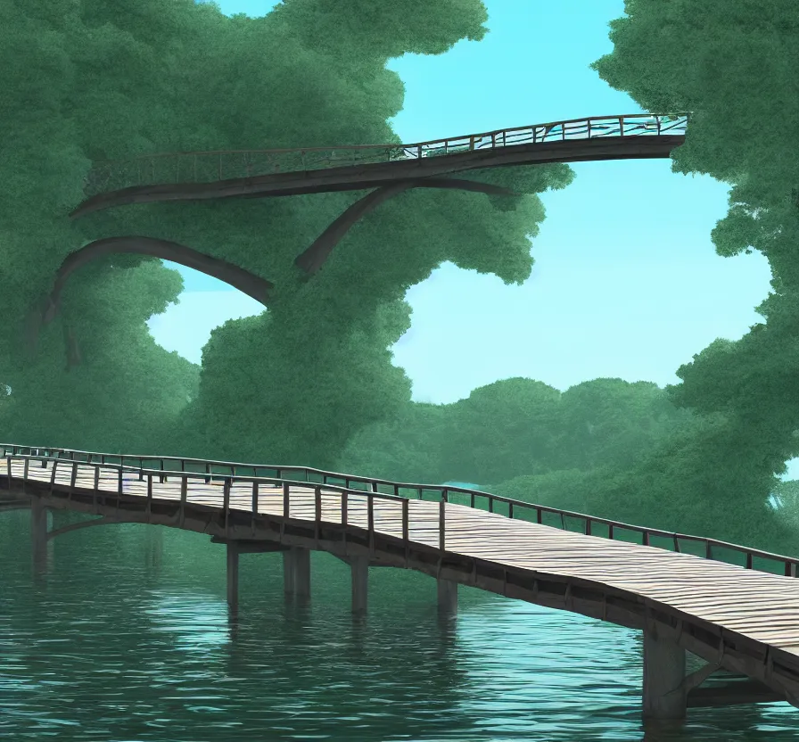 Image similar to long wood bridge to island, unreal engine, digital, acrilic paint