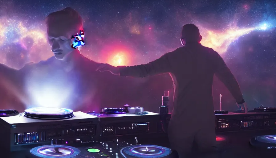 Image similar to Wide shot of a man djing under the galaxy, digital art, artstation, hyperrealistic, 4k, unreal engine, octane render, trending on artstation, art by Artgerm and Greg Rutkowski and Alphonse Mucha