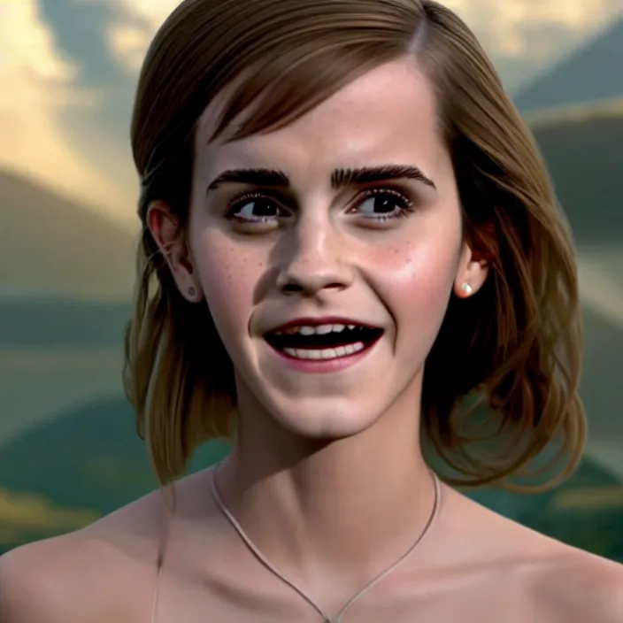 Prompt: Joyful! smiling Emma Watson wearing cyborg prosthetic, from The emperor's new groove (2000). Clear body. Light Clothes. Cinematic. Professional Photo. Low angle. 8k. Clear Face.