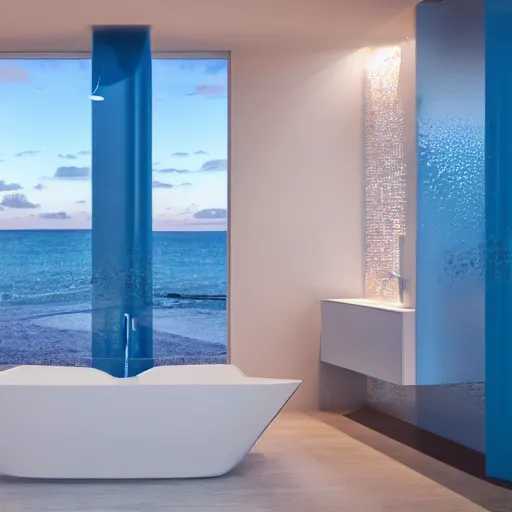 Image similar to Futuristic bathroom made of blue goo with a large window showing sea horizon at sunset