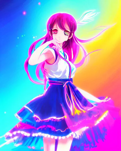 Image similar to anime style, vivid, expressive, full body, 4 k, painting, a cute magical girl idol with a long wavy colorful hair wearing a colorful dress, correct proportions, stunning, realistic light and shadow effects, neon lights, studio ghibly makoto shinkai yuji yamaguchi