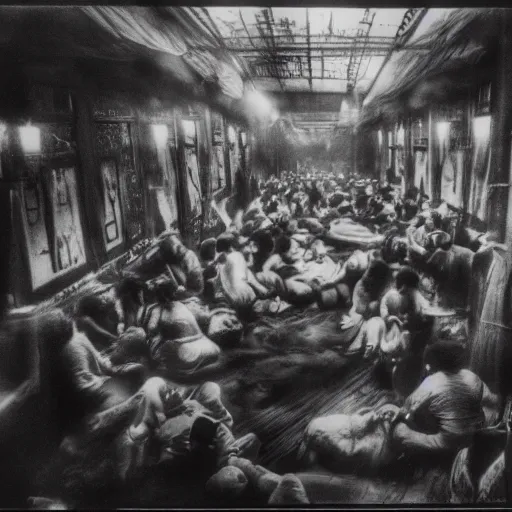 Image similar to crowded opium den, monochrome film, dreamlike,