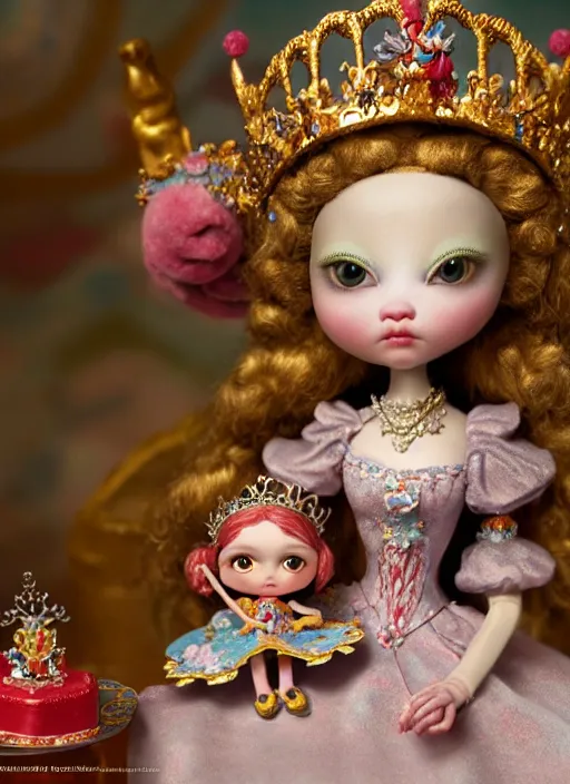 Image similar to highly detailed closeup, portrait of a tin toy fairytale princess wearing a crown and sitting on a throne eating cakes, unreal engine, nicoletta ceccoli, mark ryden, earl norem, lostfish, global illumination, detailed and intricate environment