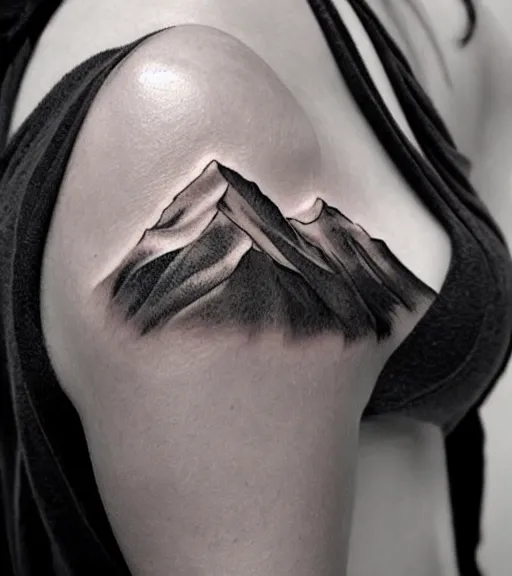 Image similar to tattoo design sketch of an extremely beautiful woman with a background of beautiful mountains on her side, hyper - realistic, double exposure effect, in the style of den yakovlev, amazing detail, black and white, faded