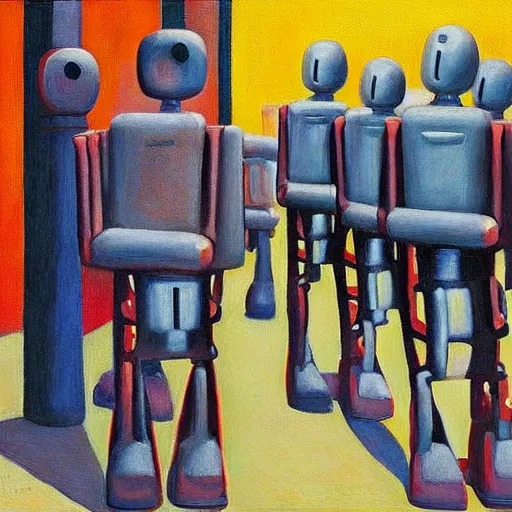 Image similar to robots queue up for cupcakes, grant wood, pj crook, edward hopper, oil on canvas