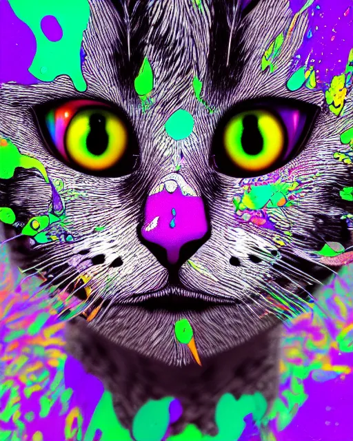 Prompt: psychedelic paint splatter portrait of funny giant cute eyes kitten, intricate abstract. intricate artwork, by tooth wu, wlop, beeple, dan mumford. concept art, octane render, trending on artstation, greg rutkowski very coherent symmetrical artwork. cinematic, key art, hyper realism, high detail, octane render, 8 k, iridescent accents