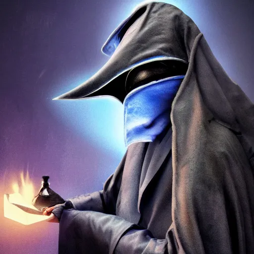 Image similar to a plague doctor with a blue robe using a magical spell, white plague doctor mask, comic book art, gta cover art, digital art, unreal engine 5