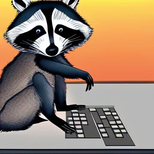 Image similar to a confused raccoon attempting to program a computer. digital art illustration.