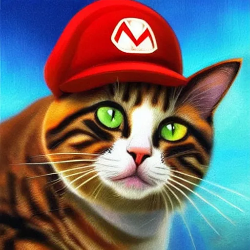 Image similar to A beautiful oil painting of a Cat wearing a Super Mario Hat, nintendo, box art, intricate, volumetric lighting, summer, hyperrealistic, colorful, hyperdetailed.