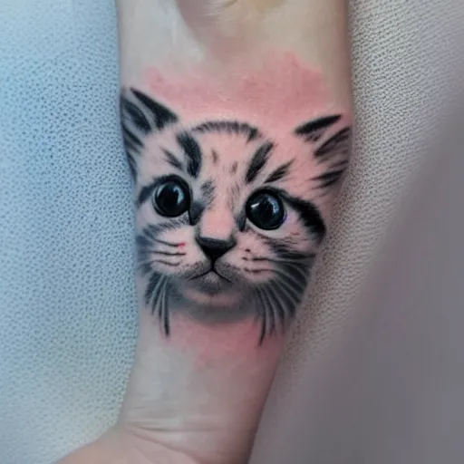 Prompt: cartoon tattoo of a cute kitten with a white border on a light gray background