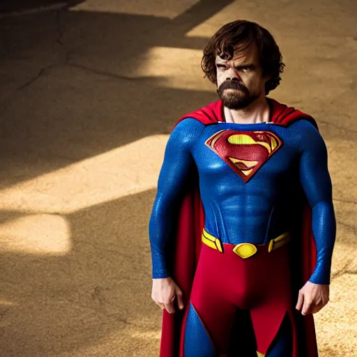 Image similar to stunning awe inspiring peter dinklage as superman, movie still 8 k hdr atmospheric lighting