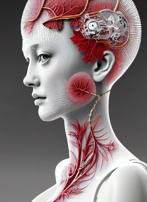 Image similar to complex 3d render ultra detailed of a beautiful porcelain profile woman face, mechanical cyborg, 150 mm, beautiful studio spotlight, rim light, silver gold red details, fine filigran foliage lace, magnolia big leaves and stems, roots, mesh wire, Alexander Mcqueen haute couture, luxurious, intricate details, hyper realistic, mandelbrot fractal, anatomical, facial muscles, cable wires, microchip, elegant, octane render, H.R. Giger style, 8k