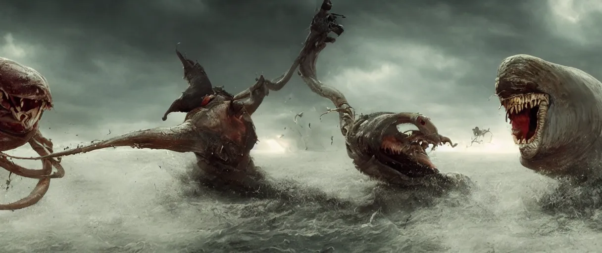 Image similar to pirates fighting giant screaming worm, cinematic atmosphere, maximized, high detail, 8k, ornate, dark fantasy, masterpiece, complex, film still from the movie directed by Denis Villeneuve