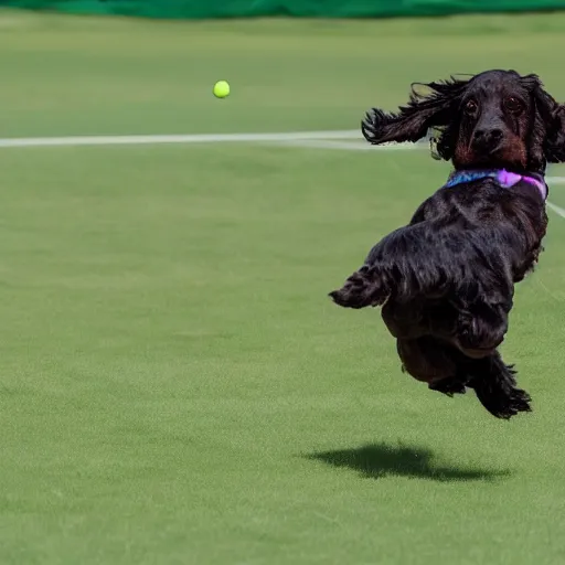 Prompt: a photo of an english cocker spaniel flying over a field full of tennis balls