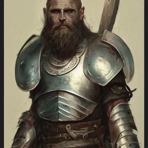 Image similar to rough-skinned, short-bearded undead Viking warrior with ice-pale skin wearing brutalist plate armor with art deco knotwork, by Greg Rutkowski and Brom