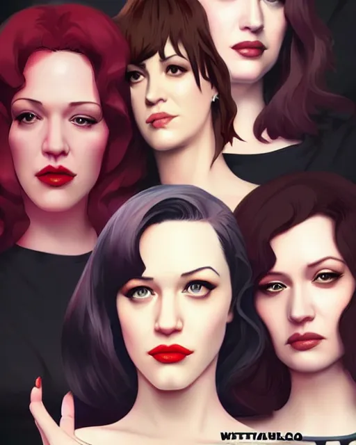 Image similar to kat dennings christina hendricks jennifer tilly, by wlop and ilya kuvshinov and artgerm