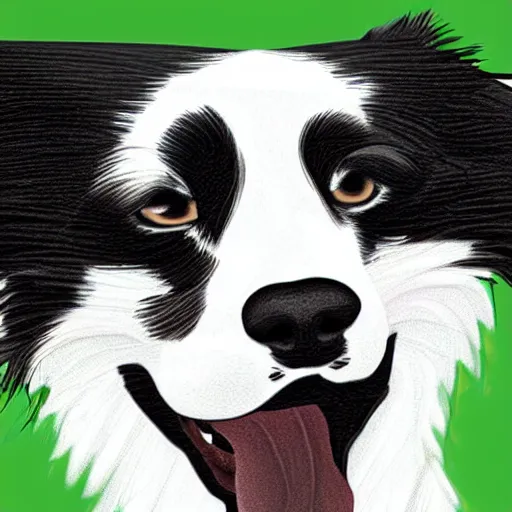 Image similar to digitally drawn art of a black and white border collie wearing a green bandana on its neck, digital art, DeviantArt
