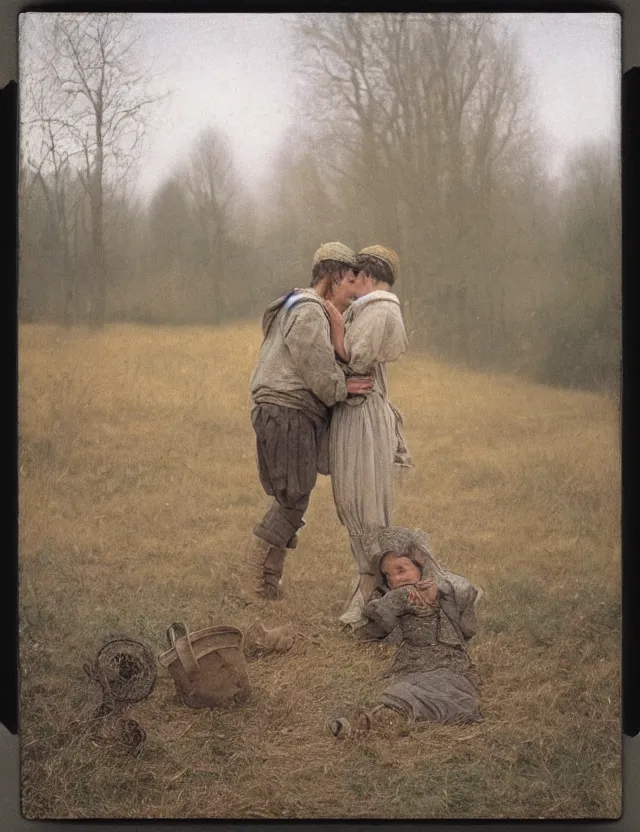 Prompt: peasant boy and girl first kiss, on a village, Cinematic focus, Polaroid photo, vintage, neutral colors, soft lights, foggy, by Steve Hanks, by Serov Valentin, by lisa yuskavage, by Andrei Tarkovsky oil on canvas