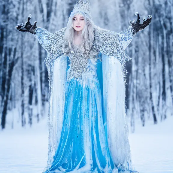 Image similar to photo of a real life beautiful ice queen with ornate cloak, 4 k, hdr, smooth, sharp focus, high resolution, award - winning photo