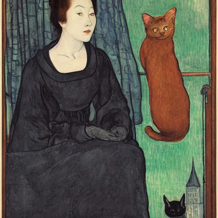 Image similar to close portrait of woman in night gown with cat, with city with gothic cathedral seen from a window frame with curtains. night. lucas cranach, georges de la tour, henri de toulouse - lautrec, utamaro, monet