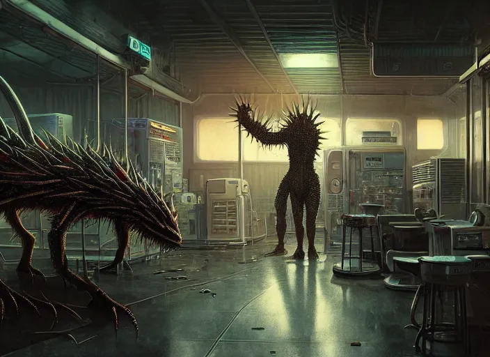 Image similar to scene inside a gas station with harsh fluorescent industrial lighting, giant monstrous aggressive spiked creature screaming at the camera, spikes like needles, needles, thin spikes, epic science fiction horror digital matte painting by Moebius and Mark Brooks (and Greg Rutkowski), extremely detailed, artstation