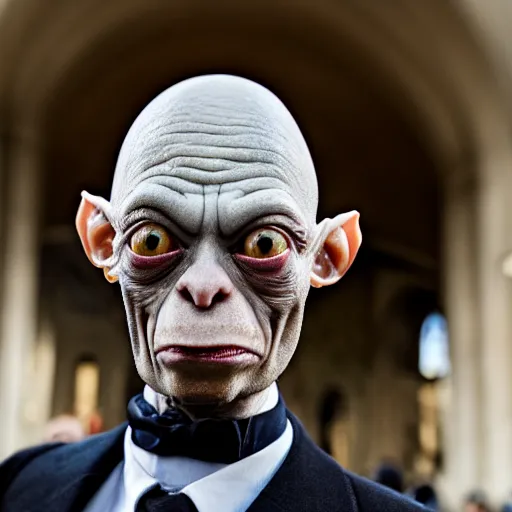 Image similar to a portrait of gollum after he's been accepted as the new pope. 8 5 mm lens, f 1. 8